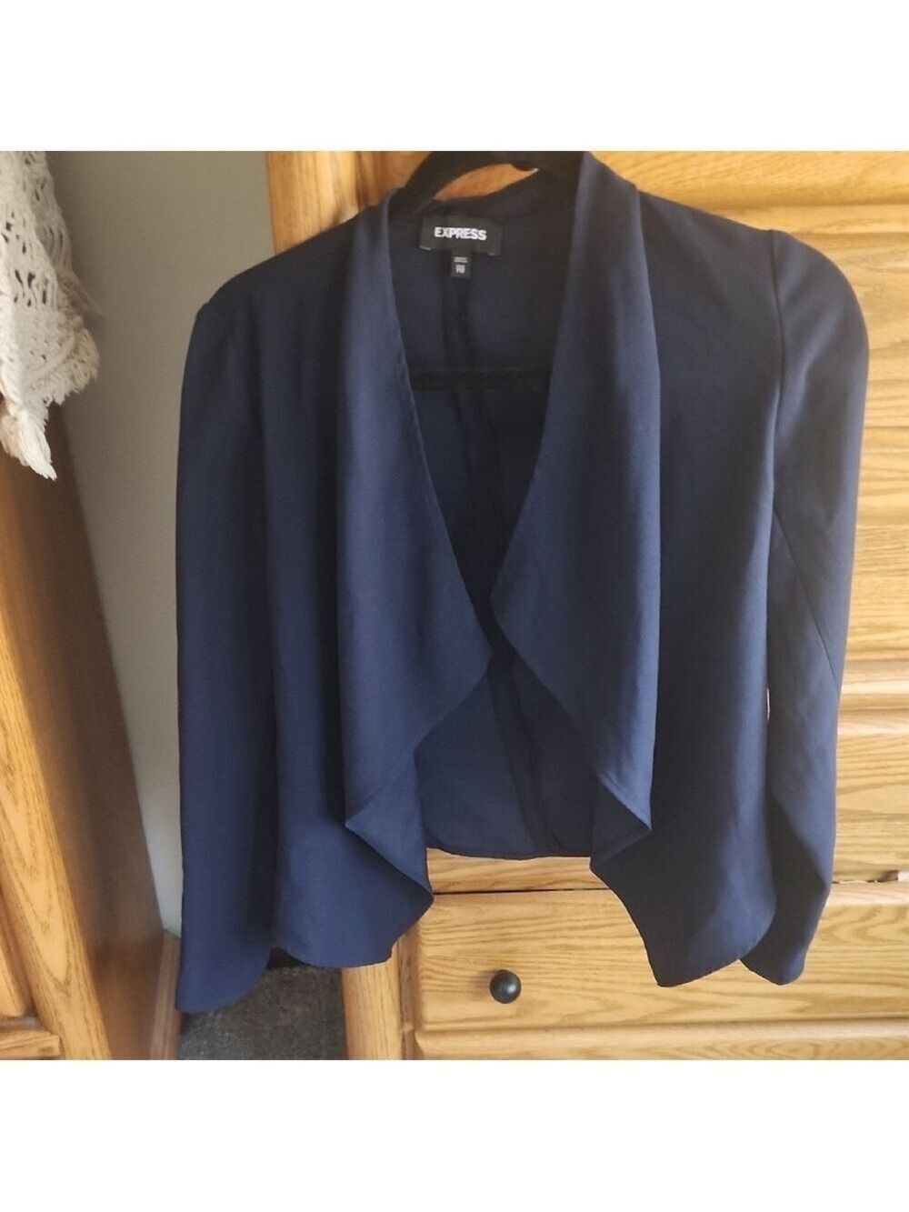 Express Blue XS Lightweight Flowy Spring Cropped Blazer with Waterfall Collar